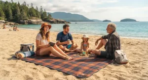 A family relaxing on a sand-free packable camping blanket at a scenic Canadian beach.