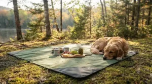 Versatile waterproof camping blanket used as a clean seat for a lakeside picnic or outdoor sports game in Canada.