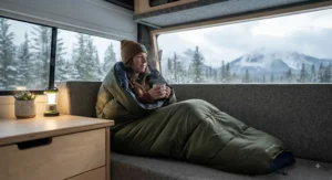 High-loft, compact RV blanket providing warmth inside a motorhome during shoulder-season camping in the Canadian Rockies.