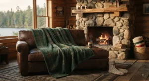 Soft fleece cottage blanket for lake house lounging, styled on a leather sofa by a stone fireplace.