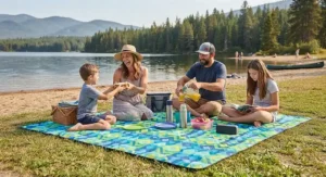 A water-resistant beach blanket under $40 CAD used for a family picnic by the lake.