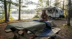 A durable, moisture-resistant compact RV blanket being used at a provincial park campsite on a cool Canadian morning.
