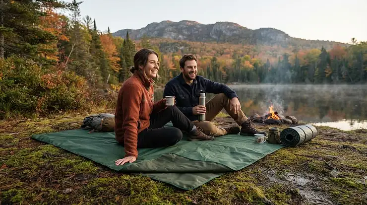 Durable waterproof camping blanket spread on damp grass at a Canadian campsite, keeping gear dry during an autumn trip.