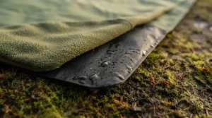 Close-up of the waterproof camping blanket showing its rugged, moisture-resistant backing designed for wet ground in Canadian provincial parks.