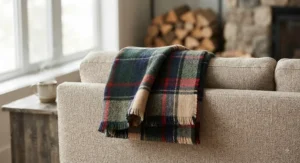 Close-up of a high-quality wool accent blanket for a couch, featuring a classic plaid pattern perfect for Canadian homes.