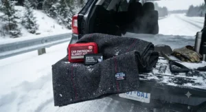 Heavy-duty wool car emergency blanket included in a winter safety kit for reliable warmth in sub-zero temperatures.