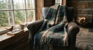 Close-up of a texture-rich wool rustic cottage blanket styled on a cozy reading nook armchair in a cottage.