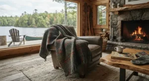A textured woven cottage blanket for lake house decor, featuring earthy tones inspired by the Canadian Shield.