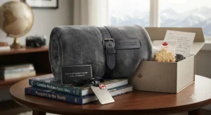 An illustrated airline travel blanket presented as a thoughtful gift idea for frequent flyers and travellers.