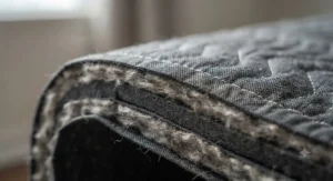 Close-up of a high-density soundproof blanket for apartments showing layered acoustic material for noise reduction.