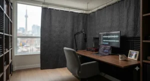 Professional soundproof blanket for apartments set up in a home office nook for better audio recording quality.