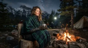 A camper wrapped in a plaid travel blanket scarf combo sitting near a campfire in Banff National Park during a cool mountain evening