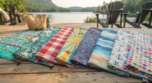 A collection of colourful waterproof beach blankets displayed in various summer patterns.