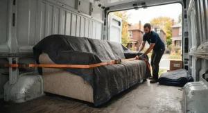 A heavy-duty moving blanket protecting a large sofa during transit in the back of a rental cargo van.