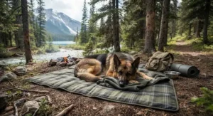 A durable pet blanket for large dogs laid out for an outdoor camping trip in the Canadian wilderness.