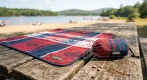 Durable quick dry beach blanket shown next to its matching compact travel pouch on a wooden picnic table.