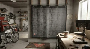 A thick soundproof moving blanket mounted in a garage workshop to dampen echo and machinery noise.