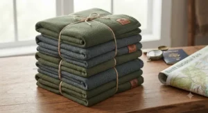 A stack of sustainable recycled polyester fleece travel blanket scarf combos in earthy forest green and slate tones made for conscious Canadian travelers