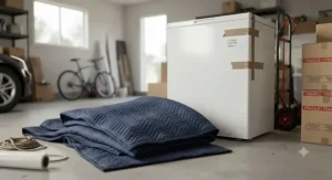 Extra-thick padded moving blankets laid out next to a large upright freezer for residential relocation preparation.