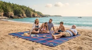 A family relaxing together on a large quick dry beach blanket along the rugged coastline of Nova Scotia.
