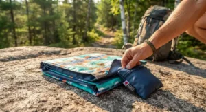 A compact waterproof beach blanket being folded into its travel pouch for a summer hike.