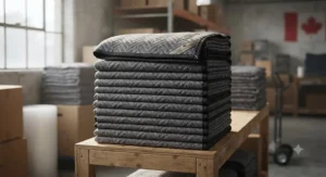 A neat stack of quilted soundproof moving blankets stored ready for packing or acoustic treatment projects.