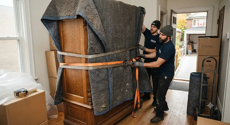 A heavy-duty moving blanket securely wrapped around wooden furniture to prevent scratches during a house move in Canada.