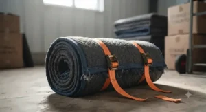 A rolled-up heavy-duty moving blanket tied with straps, ready for transport and storage.