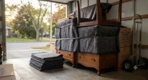 Durable moving blankets bulk pack protecting wooden furniture during a cross-country residential move in Canada.