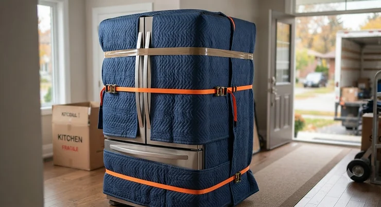 Heavy-duty moving blankets wrapped securely around a stainless steel refrigerator to prevent scratches during a Canadian home move. moving blankets for appliances