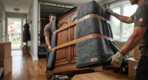 A heavy-duty soundproof moving blanket wrapped securely around wooden furniture during a Canadian residential move.