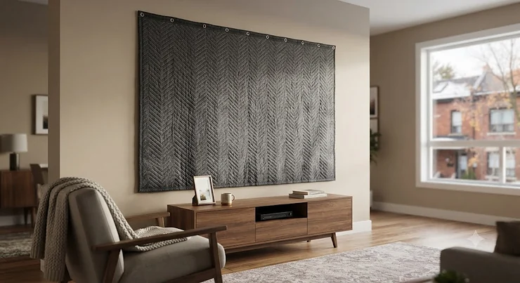 A heavy soundproof blanket hung on a living room wall in a Canadian apartment to reduce echo and neighbor noise.