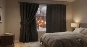 A heavy soundproof blanket installed in a bedroom to block external noises for a peaceful night of sleep.