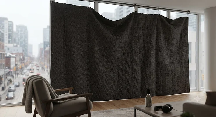 A heavy soundproof blanket hanging over a large window in a high-rise condo to block urban street sounds. photography backdrop blanket