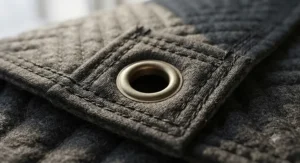 Close-up view of the durable multi-layer fabric and reinforced metal grommets on a heavy soundproof blanket.