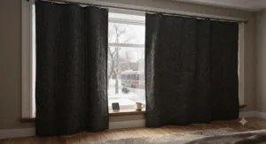 A heavy soundproof blanket covering a drafty window to block outdoor traffic noise and improve winter insulation.