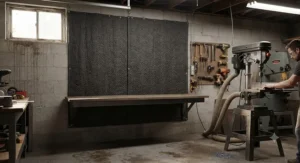 A heavy soundproof blanket mounted in a home garage workshop to dampen loud machinery sounds.