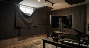 A heavy soundproof blanket installed in a home recording studio basement setup for optimal acoustics.