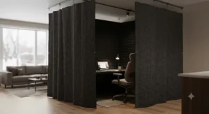 A heavy soundproof blanket used as a room divider to create a quiet, temporary home office workspace.