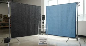 A heavy soundproof blanket displayed alongside a standard moving blanket to highlight superior acoustic insulation.