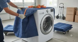 Step-by-step view of wrapping a front-load washing machine with thick quilted moving blankets for safe appliance transport.