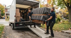 Professional movers using heavy-duty moving blankets to load heavy items safely into a moving truck.