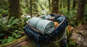 A lightweight quick dry beach blanket packed neatly inside an outdoor camping backpack for a weekend getaway in British Columbia.