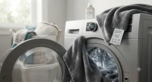A fresh airline travel blanket illustrating easy machine-washable care for hassle-free maintenance.