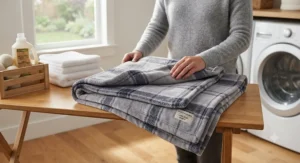 A machine-washable pet blanket for large dogs being neatly folded after a fresh cycle of laundry.