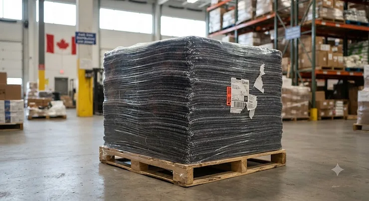 A large bulk pack of heavy-duty moving blankets stacked neatly in a Canadian warehouse, ready for commercial shipping.