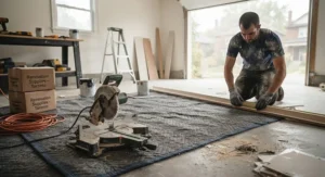 A versatile heavy-duty moving blanket used as protective floor padding during a home renovation project.