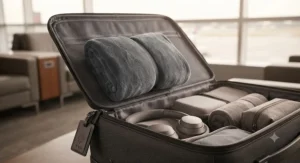 A compact and packable airline travel blanket neatly folded inside a carry-on bag for easy travel.