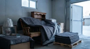 Padded moving blankets bulk pack used to insulate and protect items during cold Canadian winter storage.