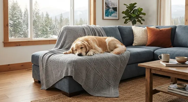 A soft grey pet blanket for large dogs draped elegantly over a modern living room sofa in a Canadian home.